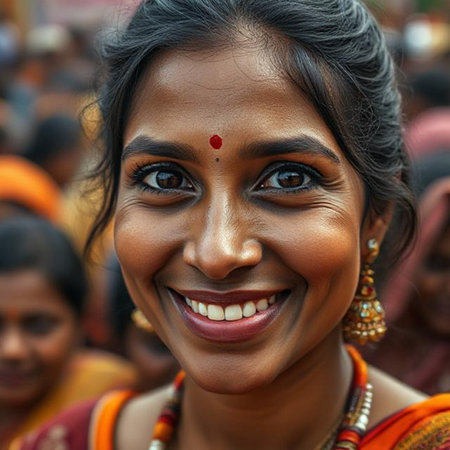Indian woman smiling at the camera at the Ganga river in Varanasi, Indiaの素材