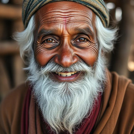 Portrait of an old Indian man with white beard and mustacheの素材