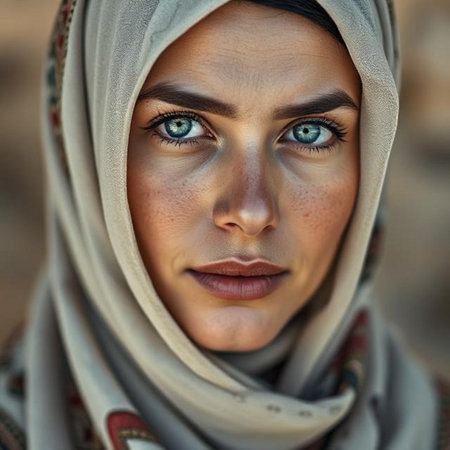 Close-up portrait of a beautiful Muslim woman with blue eyesの素材