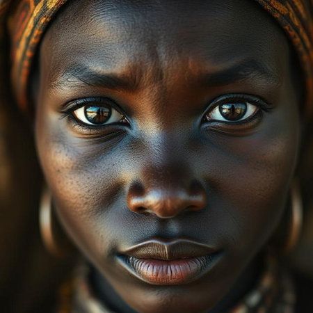 Portrait of a beautiful African woman in black headscarfの素材