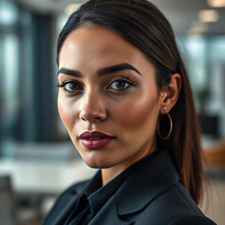 Close up portrait of beautiful young businesswoman looking at camera in officeの素材
