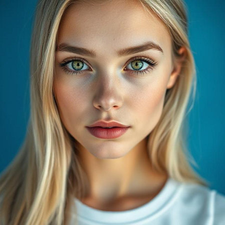 Close up portrait of a beautiful young blond woman with green eyes.の素材