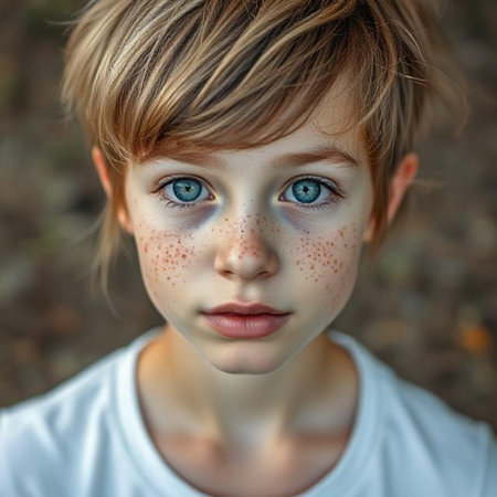 portrait of a boy with freckles on his face and blue eyesの素材