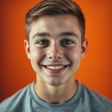 Portrait of a smiling boy on an orange background. Close-up.の素材