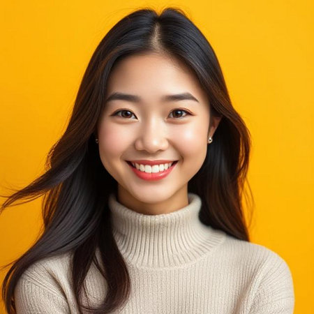 Portrait of a beautiful young Asian woman smiling on yellow backgroundの素材