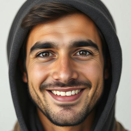 Close up portrait of a smiling young man with hooded sweatshirtの素材
