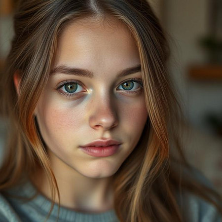 Close-up portrait of a young beautiful girl with blue eyes.の素材