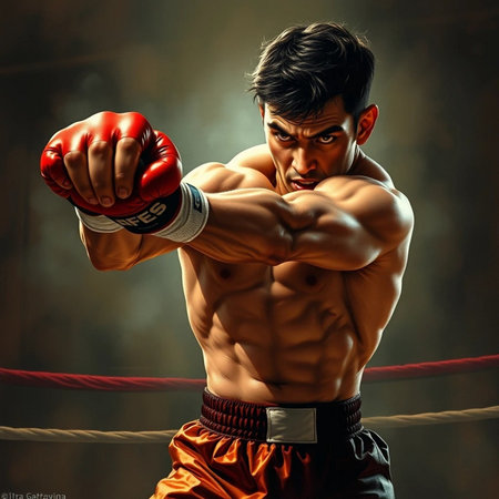 Handsome muscular boxer in red boxing gloves over dark background.の素材