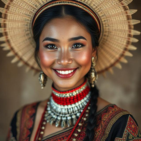 Portrait of a beautiful Asian woman wearing traditional costume, smiling.の素材