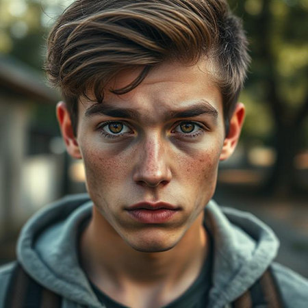 Portrait of a handsome young man with freckles and green eyesの素材