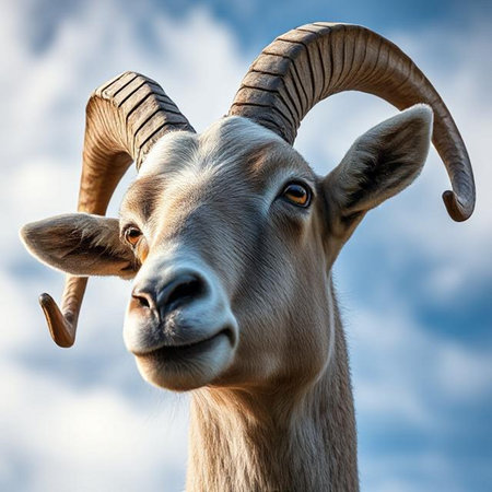 Portrait of a goat with horns on the background of the skyの素材