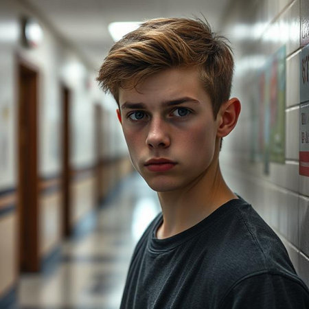 Portrait of a teenage boy in the corridor of a school.の素材