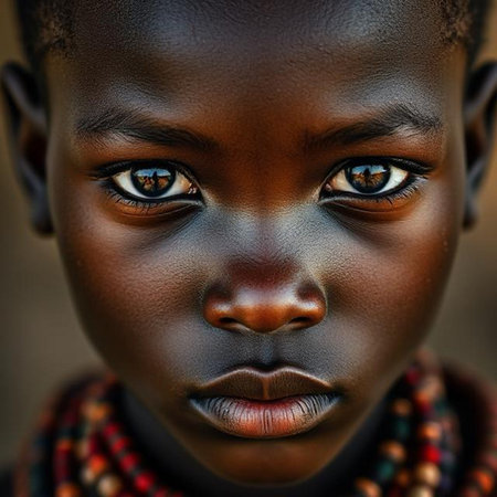 Portrait of a beautiful little African girl with black hair and brown eyes.の素材