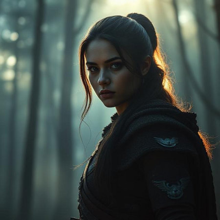 Fashion portrait of young beautiful woman in black coat in foggy forestの素材