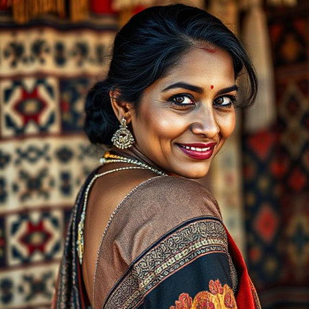 Portrait of a beautiful Indian woman wearing saree and accessoriesの素材