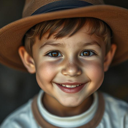 Portrait of a cute little boy with brown hat smiling at cameraの素材