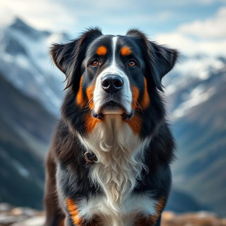 Portrait of a Bernese mountain dog on the background of mountainsの素材