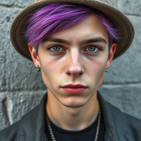 Portrait of a young man with purple hair and a hat.の素材