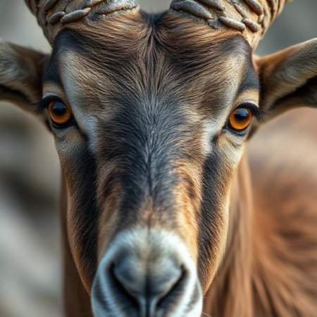 Portrait of a goat with big horns. Close-up.の素材