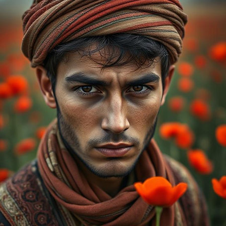 Portrait of an Indian man in a field of poppiesの素材