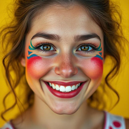 Close-up portrait of a beautiful girl with a painted face on a yellow backgroundの素材
