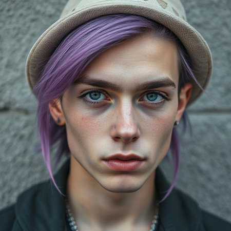 Portrait of a beautiful girl with purple hair in a hat.の素材