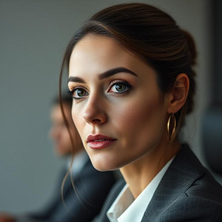Closeup portrait of a beautiful business woman in a suit looking awayの素材