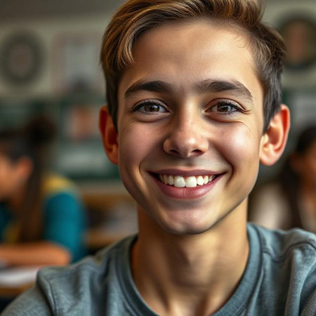 Portrait of a smiling teenage boy in a cafe looking at cameraの素材