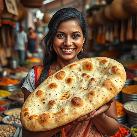 Indian woman holding a naan bread at a local market in India.の素材