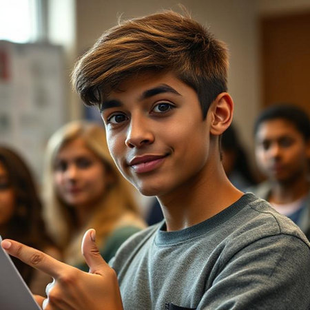 Portrait of a young man using tablet computer in a university libraryの素材