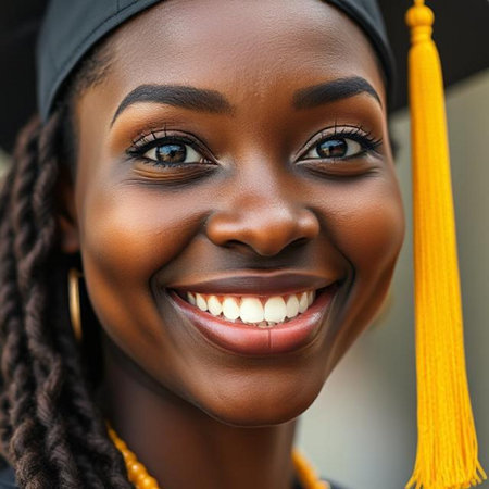 Close up portrait of a smiling African American college student.の素材