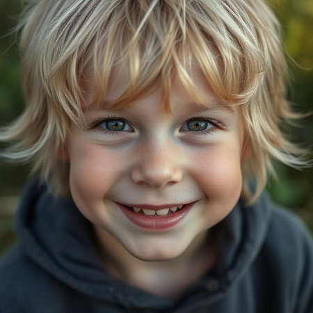 Portrait of a smiling little boy with blond hair and blue eyesの素材