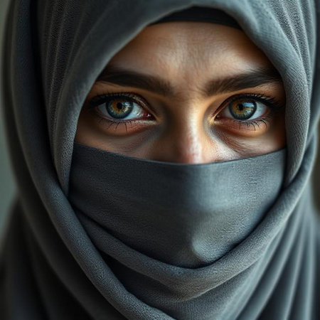 Close-up portrait of a beautiful young Muslim woman with blue eyesの素材