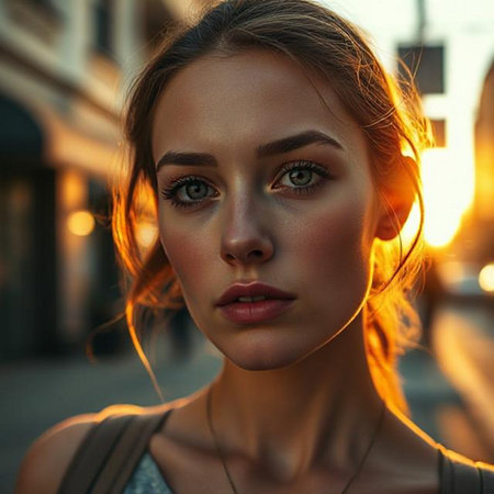 Portrait of a beautiful young girl on the street at sunset.の素材