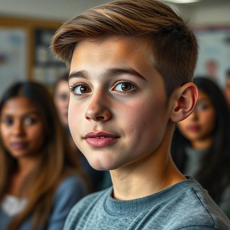 Portrait of a boy looking at camera while his friends in the backgroundの素材