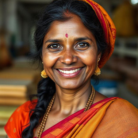 Portrait of a smiling Indian woman wearing a saree and posingの素材