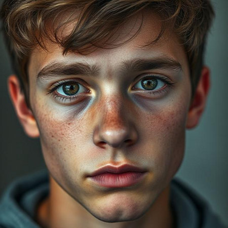 Portrait of a young man with freckles on his faceの素材