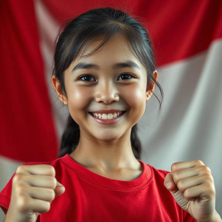 Portrait of happy little Asian girl with Indonesia flag on backgroundの素材