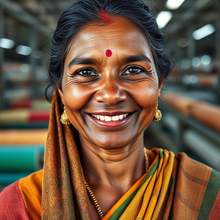 Portrait of a smiling Indian woman in traditional clothes at workの素材