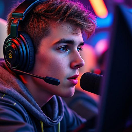 Portrait of a young man in headphones playing a video game.の素材