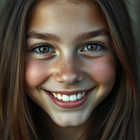 Portrait of a beautiful young girl with green eyes and brown hairの素材