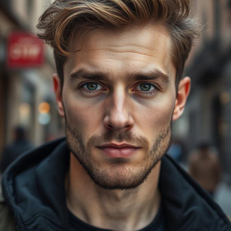 Portrait of a handsome young man in the city. Men's beauty, fashion.の素材