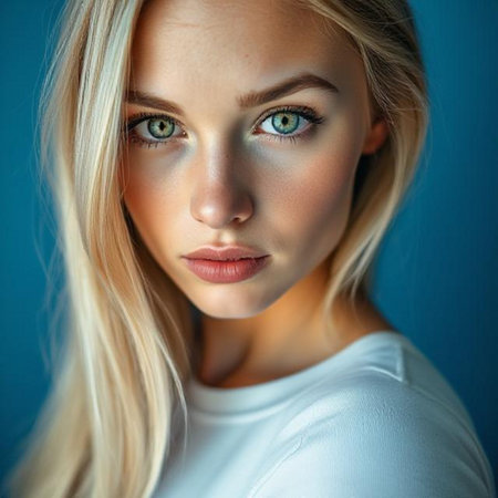Portrait of a beautiful young woman with long blond hair and blue eyesの素材