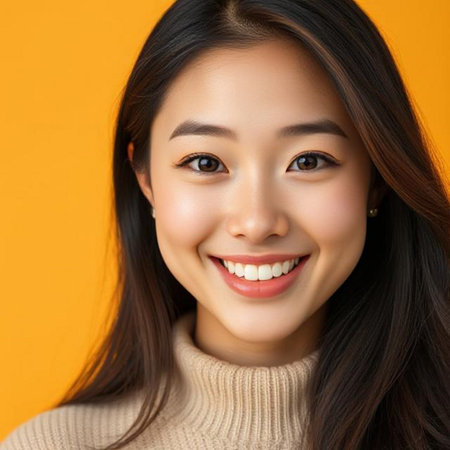 beauty, people and health concept - smiling young Asian woman over yellow backgroundの素材