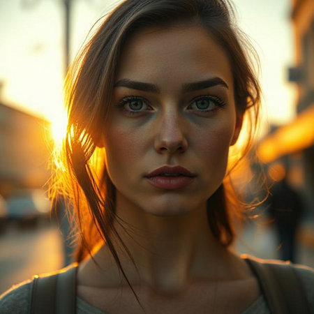 Beautiful young woman in the city at sunset. Portrait.の素材