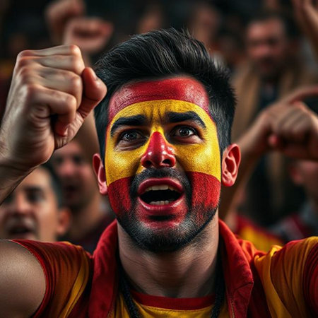 Close-up portrait of a fan with a spanish flag painted on his faceの素材