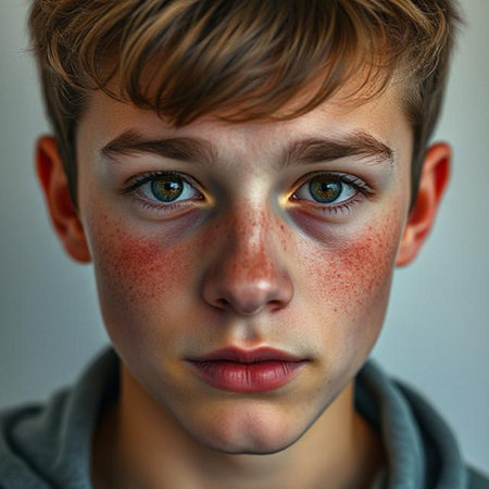 Portrait of a teenage boy with freckles on his faceの素材