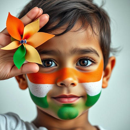 Cute Indian little boy with Indian flag on his faceの素材