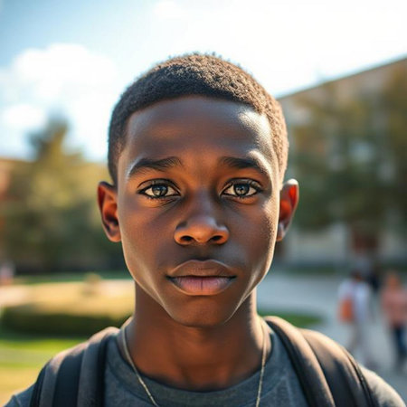 Close-up portrait of a young African American teenage boy.の素材
