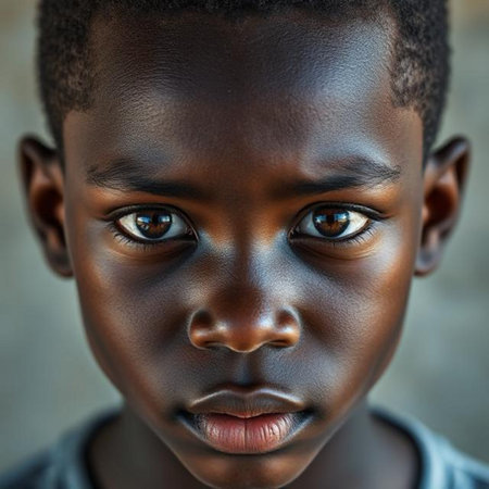 Close-up portrait of a sad little African boy with brown eyes.の素材